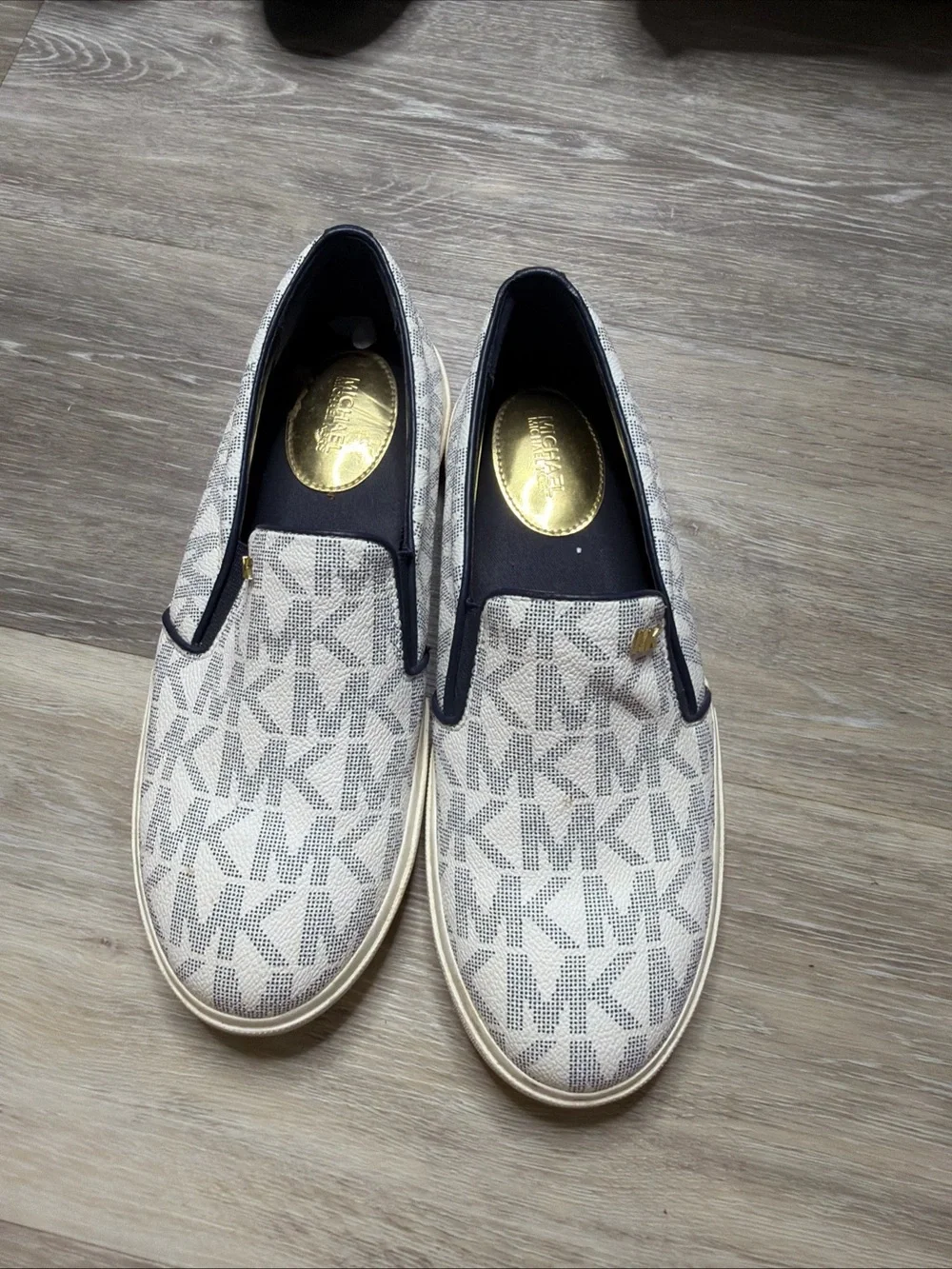Michael Kors Cream and Navy Logo Slip-On Flats